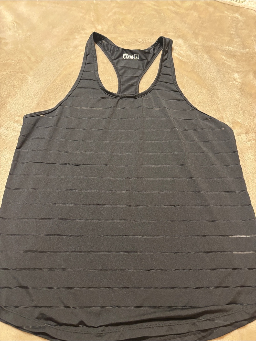 ZYIA Black Racerback Tank Top with Subtle Horizontal Texture